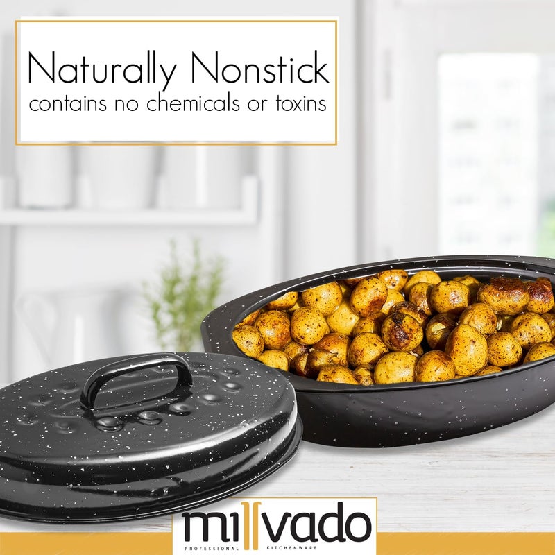 Millvado Roasting Pan With Lid, Turkey Roaster Pan, 13" Granite Oven Roaster Oval Shaped Speckled Enamel on Steel Cookware - Image 4