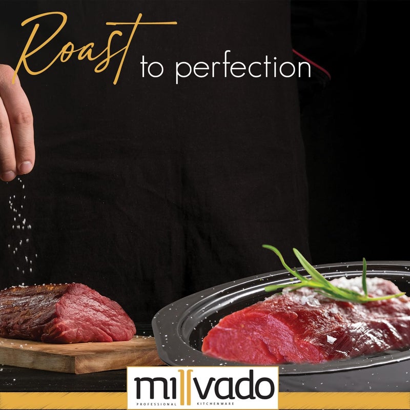 Millvado Roasting Pan With Lid, Turkey Roaster Pan, 13" Granite Oven Roaster Oval Shaped Speckled Enamel on Steel Cookware - Image 5