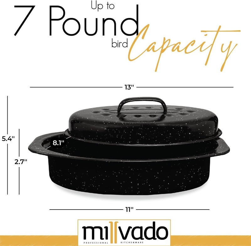 Millvado Roasting Pan With Lid, Turkey Roaster Pan, 13" Granite Oven Roaster Oval Shaped Speckled Enamel on Steel Cookware - Image 2