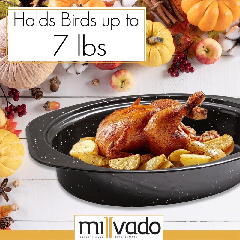 Millvado Roasting Pan With Lid, Turkey Roaster Pan, 13" Granite Oven Roaster Oval Shaped Speckled Enamel on Steel Cookware - Image 3