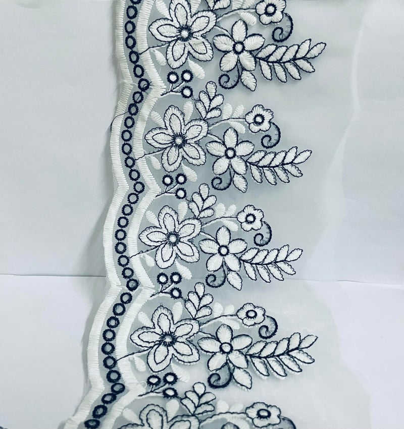DIVERTS Embroidered White/Black Lace Organza Border Material Dyeable Trim Lace Border 5 Yards (13 CM) Wide | Kinari Fabric Border for Saree,Suit,Kurta, Dupatta,Lehenga,Gown,Frowk,Plazo & Neckline, Home Decor DIY Craft Projects. - Image 4