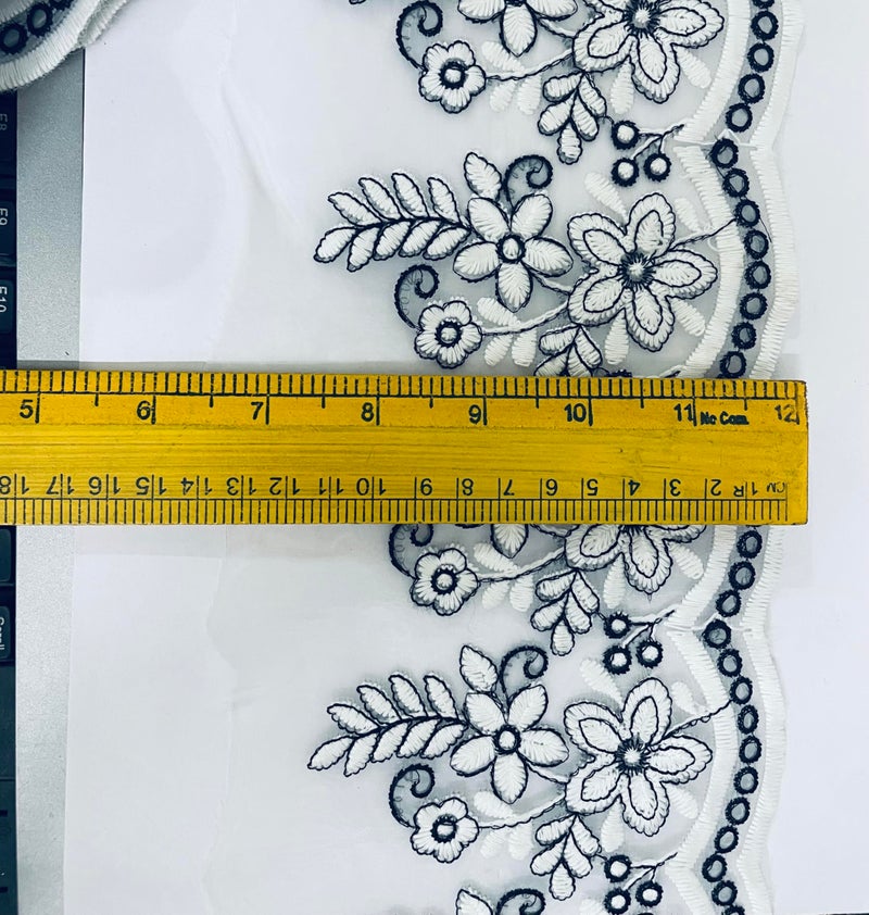 DIVERTS Embroidered White/Black Lace Organza Border Material Dyeable Trim Lace Border 5 Yards (13 CM) Wide | Kinari Fabric Border for Saree,Suit,Kurta, Dupatta,Lehenga,Gown,Frowk,Plazo & Neckline, Home Decor DIY Craft Projects. - Image 3