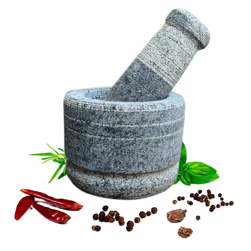 EZAHK Stone Mortar and Pestle Set Okhli Khalbatta Kharal Mixer Natural Traditional Grinder Musal Design for Kitchen Home Herbs and Spices Large Size 14 CM Grey - Image 1