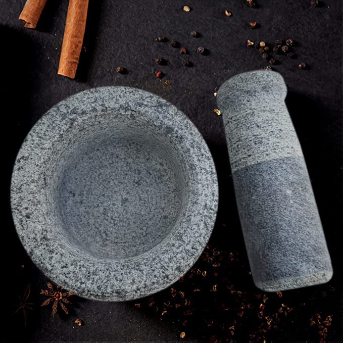 EZAHK Stone Mortar and Pestle Set Okhli Khalbatta Kharal Mixer Natural Traditional Grinder Musal Design for Kitchen Home Herbs and Spices Large Size 14 CM Grey - Image 3