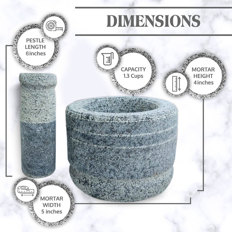 EZAHK Stone Mortar and Pestle Set Okhli Khalbatta Kharal Mixer Natural Traditional Grinder Musal Design for Kitchen Home Herbs and Spices Large Size 14 CM Grey - Image 2