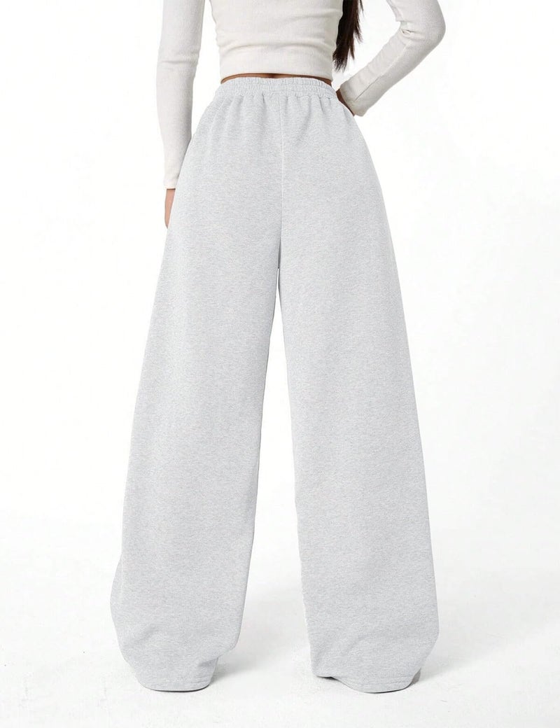 FACDIBY Fleece Lined Sweatpants for Women Wide Leg High Waisted Sweat Pants Baggy Drawstring Sherpa Straight Leg Lounge Pants White Grey S - Image 2
