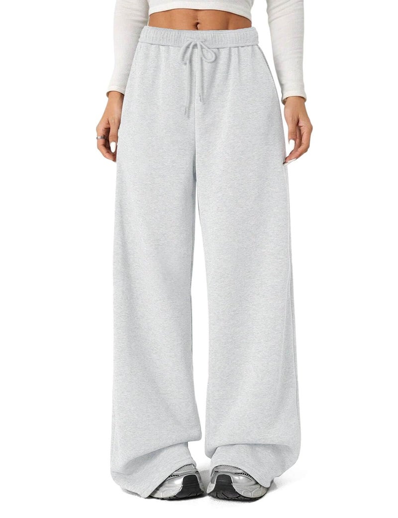 FACDIBY Fleece Lined Sweatpants for Women Wide Leg High Waisted Sweat Pants Baggy Drawstring Sherpa Straight Leg Lounge Pants White Grey S - Image 1