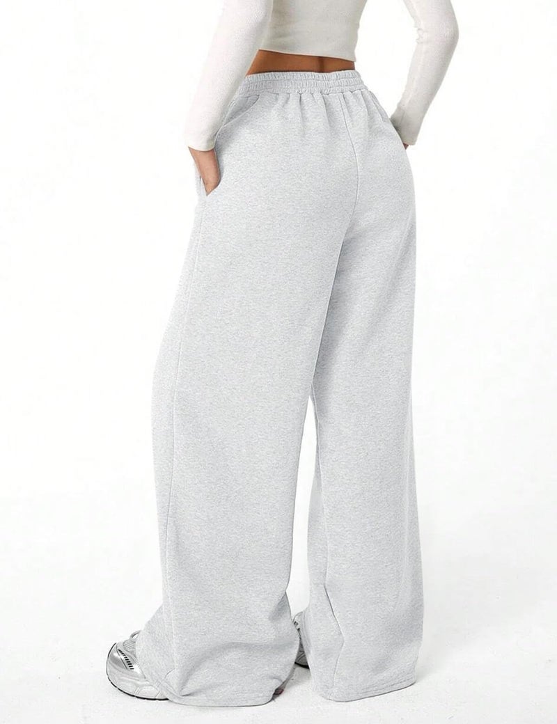 FACDIBY Fleece Lined Sweatpants for Women Wide Leg High Waisted Sweat Pants Baggy Drawstring Sherpa Straight Leg Lounge Pants White Grey S - Image 3