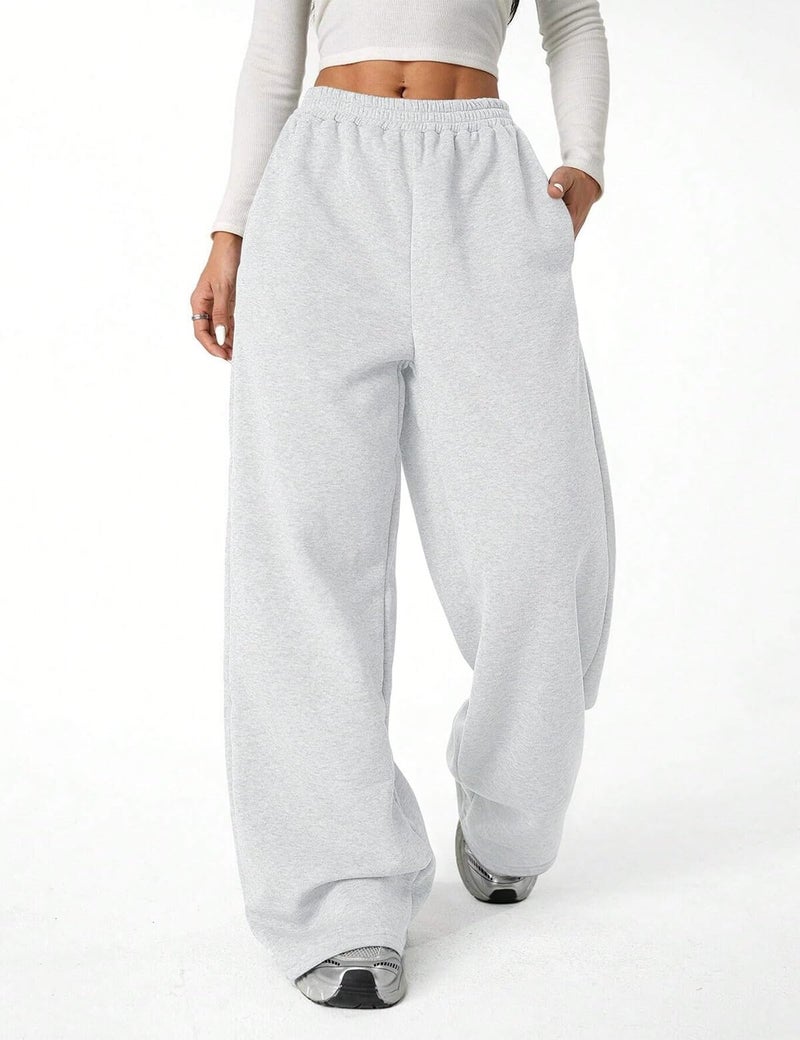 FACDIBY Fleece Lined Sweatpants for Women Wide Leg High Waisted Sweat Pants Baggy Drawstring Sherpa Straight Leg Lounge Pants White Grey S - Image 4