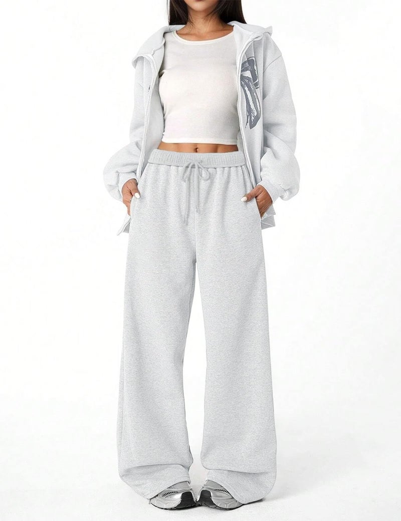 FACDIBY Fleece Lined Sweatpants for Women Wide Leg High Waisted Sweat Pants Baggy Drawstring Sherpa Straight Leg Lounge Pants White Grey S - Image 5