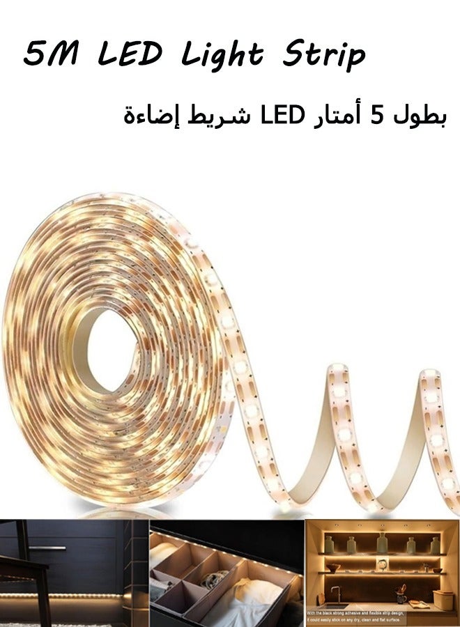 شريط إضاءة LED غير مقاوم للماء بطول 5 أمتار، مجموعة شريط إضاءة LED، شريط إضاءة LED فائق السطوع 5 فولت مزود بمنفذ USB ومرن لإضاءة الخزانة لغرفة النوم والمطبخ والمنزل وإضاءة مرآة الزينة وخزانة غرفة النوم وديكور السفينة (أبيض دافئ) - Image 1