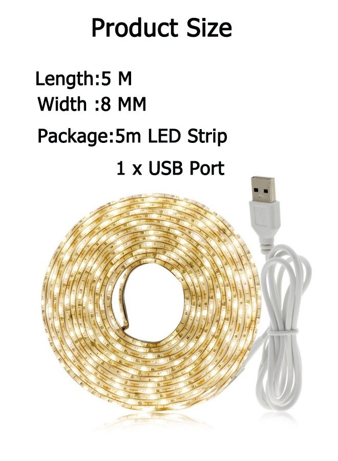 شريط إضاءة LED غير مقاوم للماء بطول 5 أمتار، مجموعة شريط إضاءة LED، شريط إضاءة LED فائق السطوع 5 فولت مزود بمنفذ USB ومرن لإضاءة الخزانة لغرفة النوم والمطبخ والمنزل وإضاءة مرآة الزينة وخزانة غرفة النوم وديكور السفينة (أبيض دافئ) - Image 2