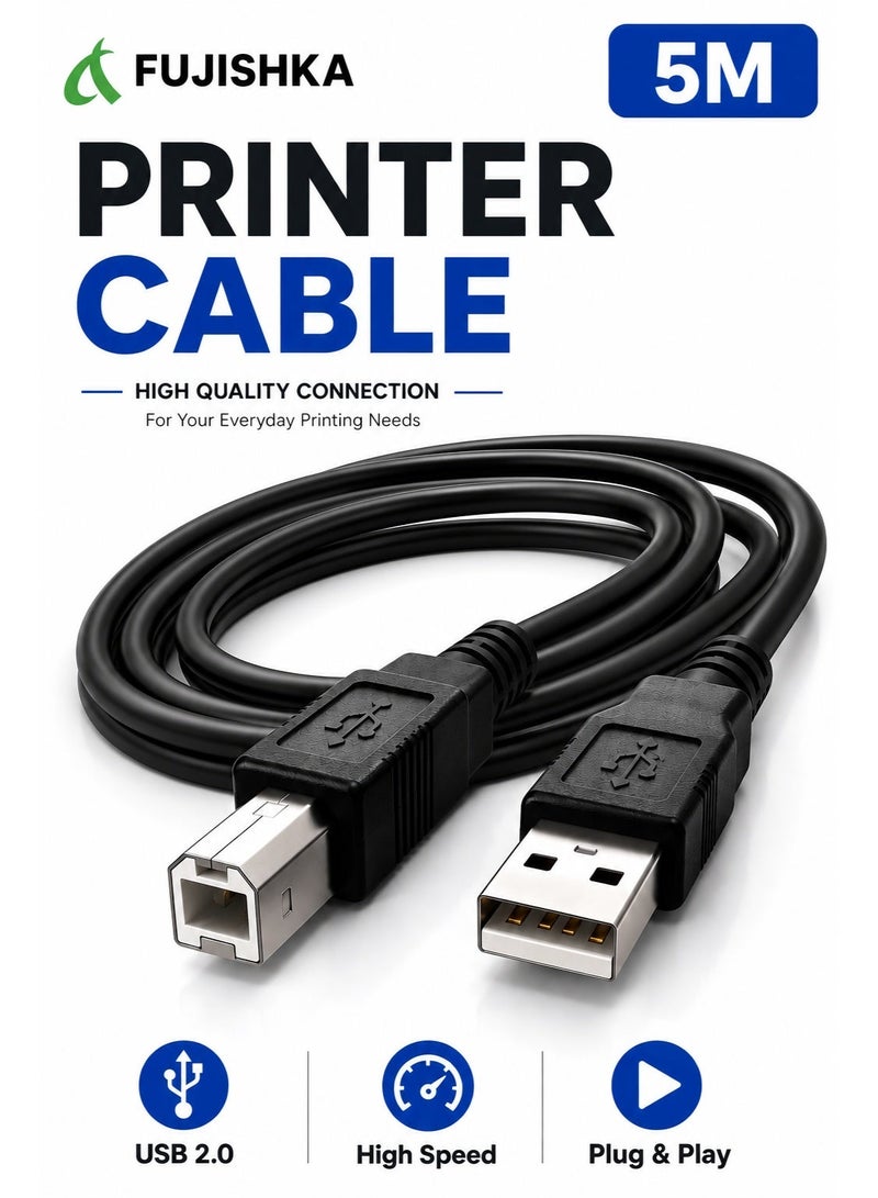 فوجيشكا كابل طابعة USB 2.0 من النوع A ذكر إلى النوع B ذكر بطول 5 أمتار، كابل عالي السرعة للماسح الضوئي متوافق مع HP/Canon/Brother/Samsung/Dell/Epson/Lexmark/Xerox/Piano/Dac - أسود - Image 1