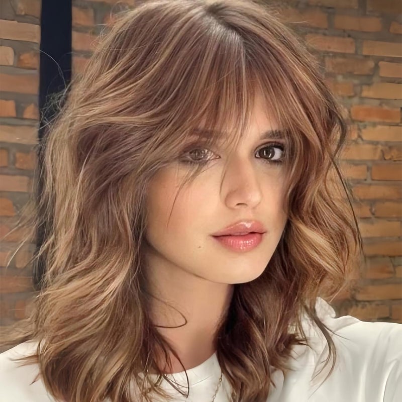 EMMOR Short Curly Wigs with FringeWavy Bob Wigs for Women Heat Resistant Synthetic Blonde Wigs Shoulder Length Wigs Natural LookingOmbre Light Brown