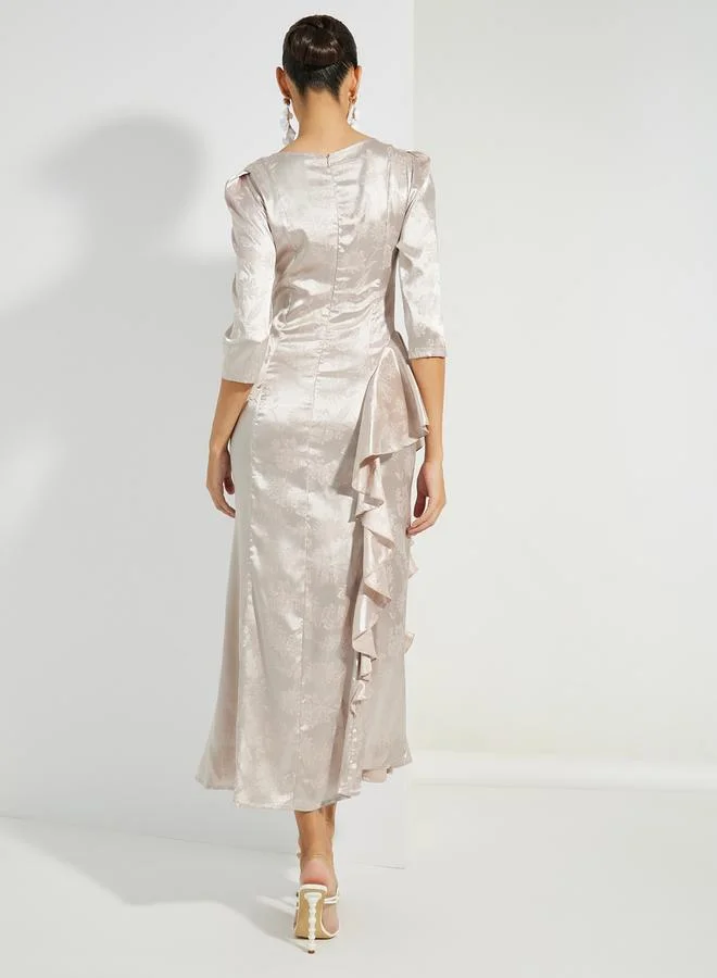 Styli Jacquard Print Mermaid Fit Maxi Dress with Ruffle Detail