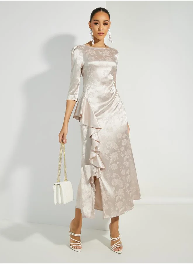 Styli Jacquard Print Mermaid Fit Maxi Dress with Ruffle Detail