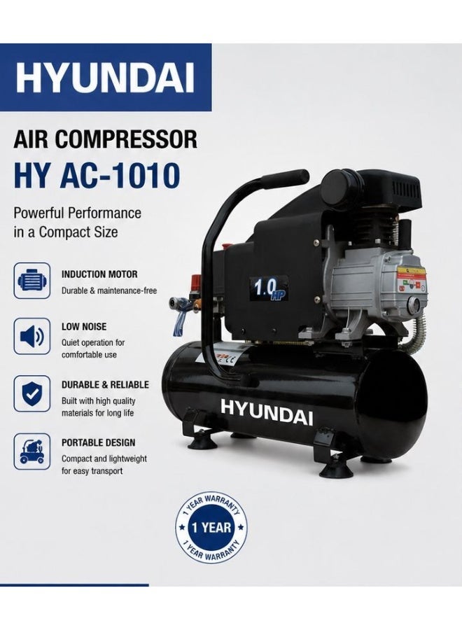 هيونداي ضاغط هواء محمول هيونداي HY-AC1010 سعة 10 لتر بقوة 1 حصان كمبروسر كهربائي زيتي بمحرك حثي 125 لتر/دقيقة ضغط 120 PSI للورش والرش وأدوات الهواء - Image 2