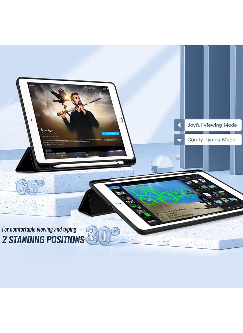 Hybrid Slim Case for iPad 9/8/7th Generation Case 10.2 Inch with Pencil Holder, Shockproof Trifold Stand Protective Cover with Soft TPU Clear Back for iPad Case 10.2, Auto Sleep/Wake Black