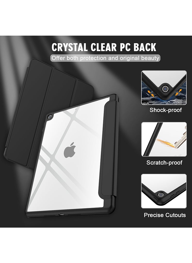 Hybrid Slim Case for iPad 9/8/7th Generation Case 10.2 Inch with Pencil Holder, Shockproof Trifold Stand Protective Cover with Soft TPU Clear Back for iPad Case 10.2, Auto Sleep/Wake Black