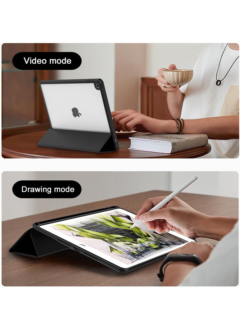 Hybrid Slim Case for iPad 9/8/7th Generation Case 10.2 Inch with Pencil Holder, Shockproof Trifold Stand Protective Cover with Soft TPU Clear Back for iPad Case 10.2, Auto Sleep/Wake Black