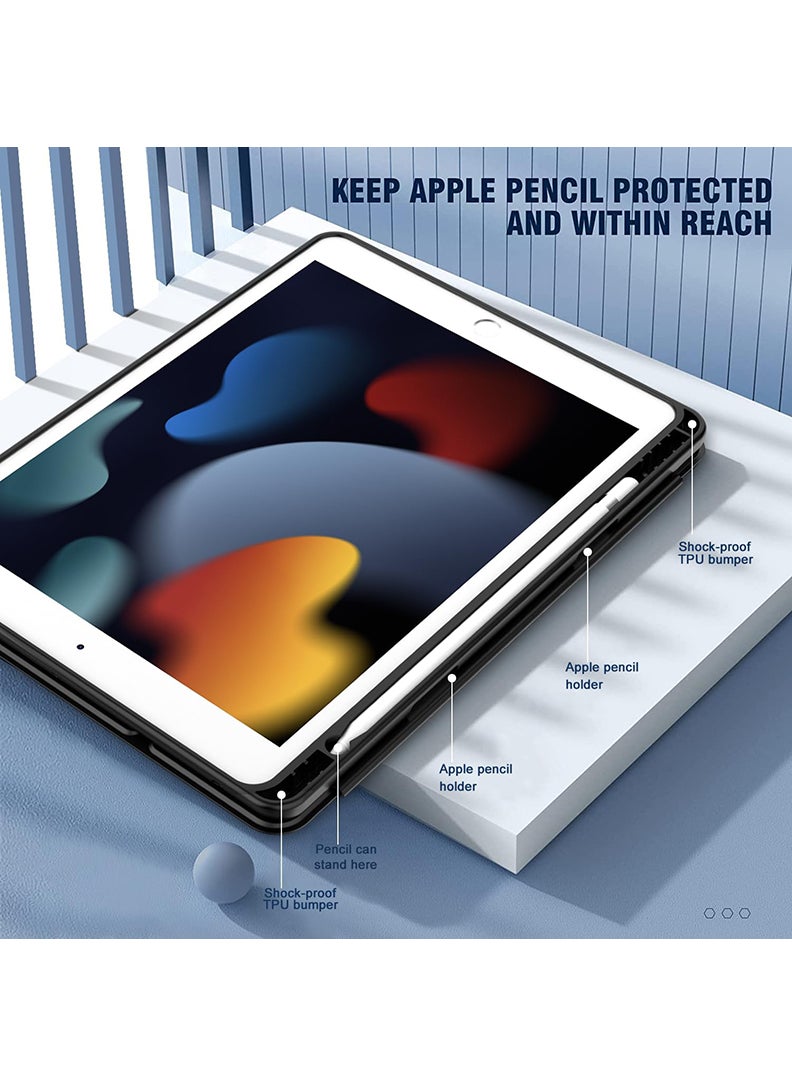 Hybrid Slim Case for iPad 9/8/7th Generation Case 10.2 Inch with Pencil Holder, Shockproof Trifold Stand Protective Cover with Soft TPU Clear Back for iPad Case 10.2, Auto Sleep/Wake Black