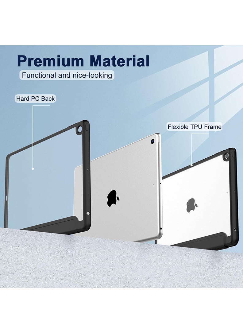 Hybrid Slim Case for iPad 9/8/7th Generation Case 10.2 Inch with Pencil Holder, Shockproof Trifold Stand Protective Cover with Soft TPU Clear Back for iPad Case 10.2, Auto Sleep/Wake Black