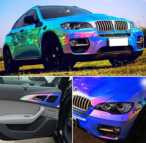 ATMOMO AuMoHall Holographic Laser Blue Car Vinyl Wrap Gloss Color Change DIY Air-Release Adhesive Film Rainbow Finish Roll, 53'' x 19.68'' - Image 3