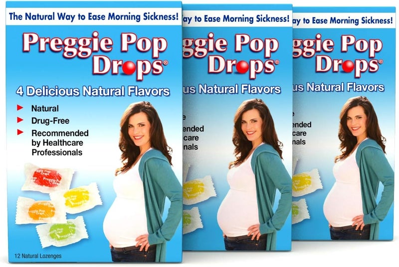 Three Lollies Preggie Drops | Morning Sickness & Nausea Relief during pregnancy | Safe for pregnant Mom & Baby | Gluten Free | 4 Flavors: Lemon, Raspberry, Green Apple, Tangerine | 12 Count - Pack of 3 