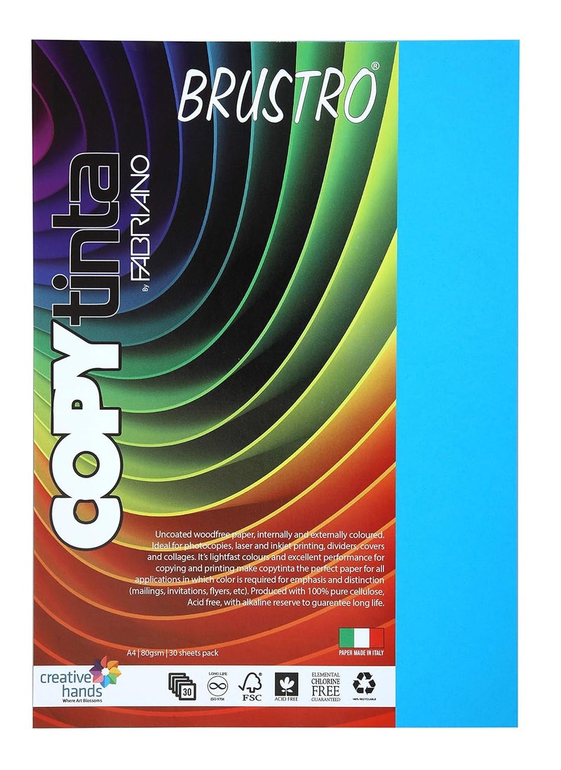 Copytinta Coloured Craft Paper A4 Size, 80 GSM, (60 sheets), Bright Blue Shade (AZZURRO) | Ideal for photocopies, laser, prints, fax, dividers, covers, collages, craft, school, office