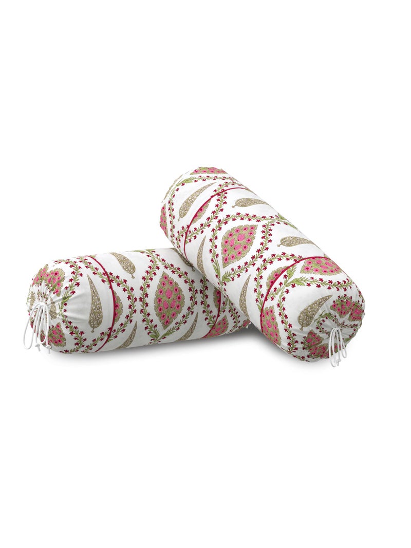 Clasiko® Cotton Bolster Covers; Set of 2; 220 TC; White Pink Multiflowers; 30x15 Inches; 42162 - Image 4