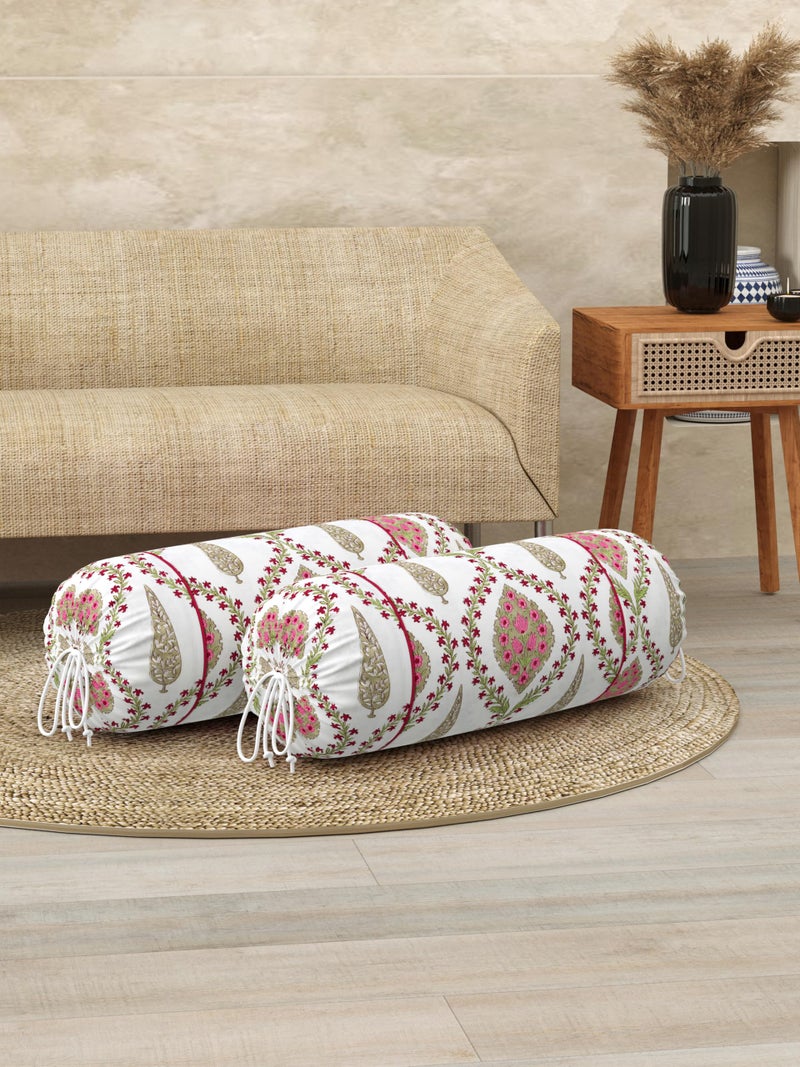 Clasiko® Cotton Bolster Covers; Set of 2; 220 TC; White Pink Multiflowers; 30x15 Inches; 42162 - Image 1