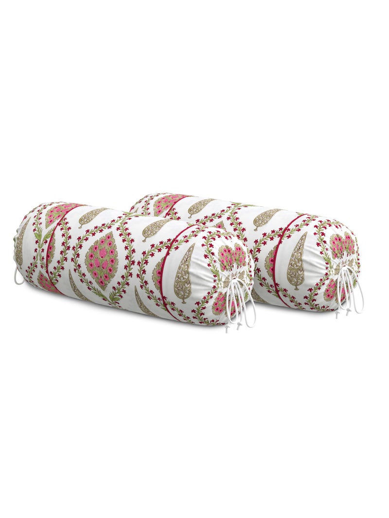 Clasiko® Cotton Bolster Covers; Set of 2; 220 TC; White Pink Multiflowers; 30x15 Inches; 42162 - Image 3
