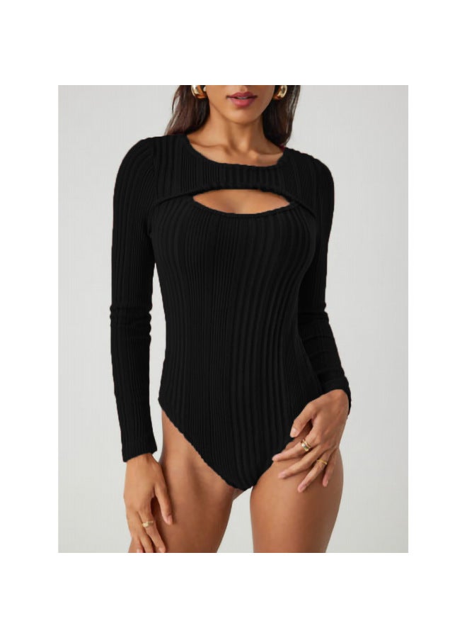 Women's Clothing Autumn/winter Ribbed Hollow-out Slimming Bodysuit T-shirt Comfortable Inner Wear Long Sleeve Top - Image 4