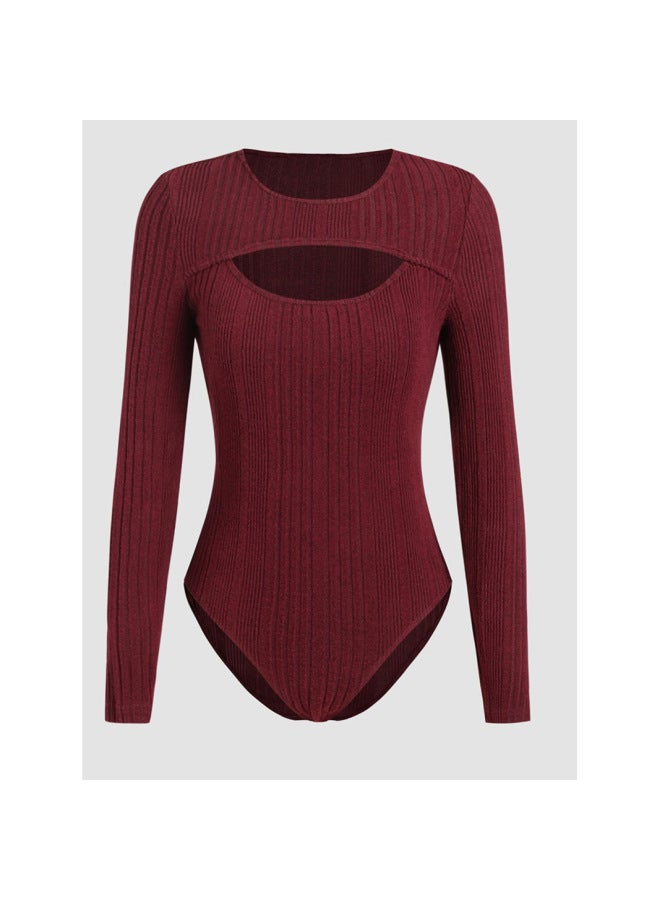 Women's Clothing Autumn/winter Ribbed Hollow-out Slimming Bodysuit T-shirt Comfortable Inner Wear Long Sleeve Top - Image 1