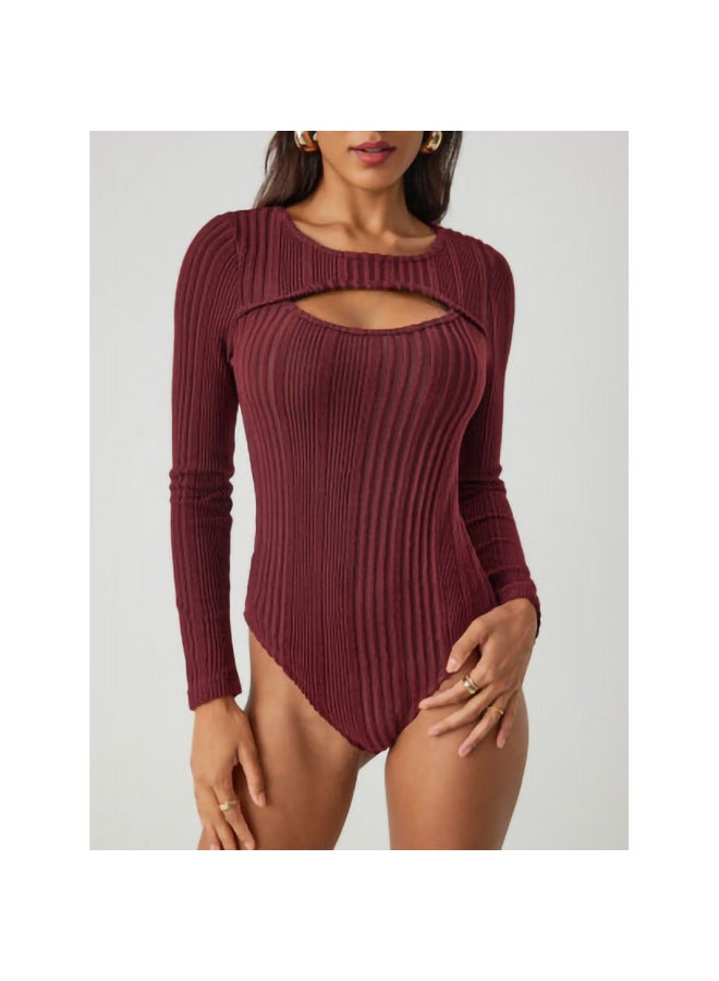 Women's Clothing Autumn/winter Ribbed Hollow-out Slimming Bodysuit T-shirt Comfortable Inner Wear Long Sleeve Top - Image 3