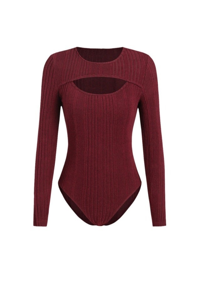 Women's Clothing Autumn/winter Ribbed Hollow-out Slimming Bodysuit T-shirt Comfortable Inner Wear Long Sleeve Top - Image 5