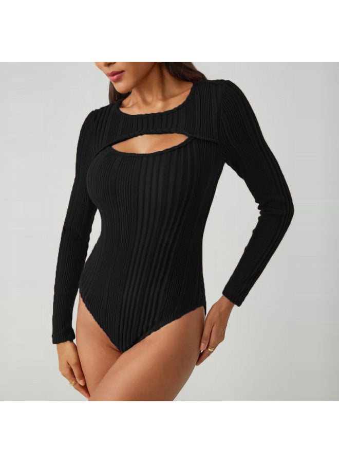 Women's Clothing Autumn/winter Ribbed Hollow-out Slimming Bodysuit T-shirt Comfortable Inner Wear Long Sleeve Top - Image 2