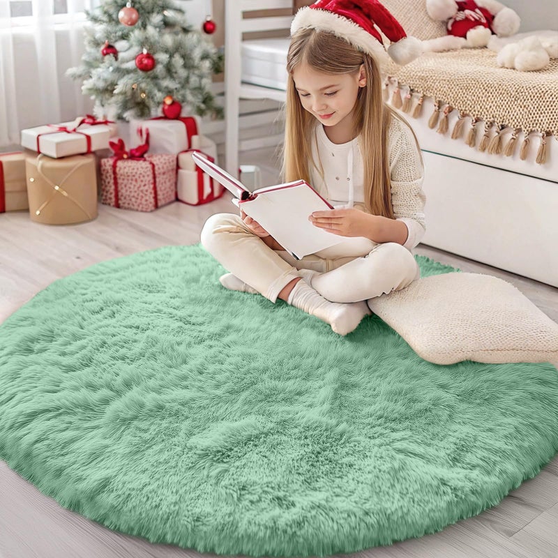 Olanly Mint Green Round Rugs For Bedroom - Machine Washable  4 Ft Circle Area Rugs For Living Room  Soft And Fluffy Shaggy Carpet For Teen Girls And Boys  Nursery Rooms  Dorms  Home Decor Aesthetic - Image 1