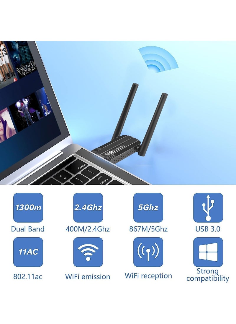 FLOWING - Wireless USB WiFi Adapter, 2.4/5Ghz Wireless Network External Receiver, Driver Free 1300Mbps Dual Band WiFi Dongle, Supporting Windows 11/10/8.1/8/7/XP - Image 1