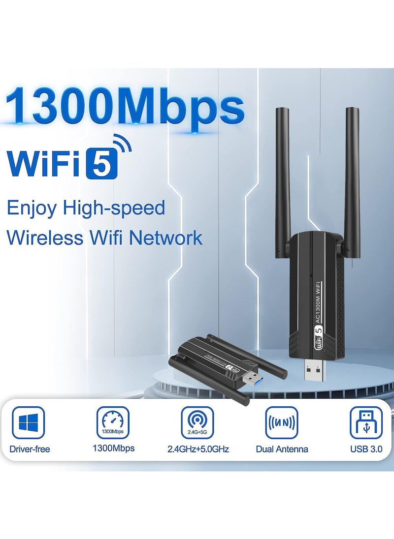 FLOWING - Wireless USB WiFi Adapter, 2.4/5Ghz Wireless Network External Receiver, Driver Free 1300Mbps Dual Band WiFi Dongle, Supporting Windows 11/10/8.1/8/7/XP - Image 1