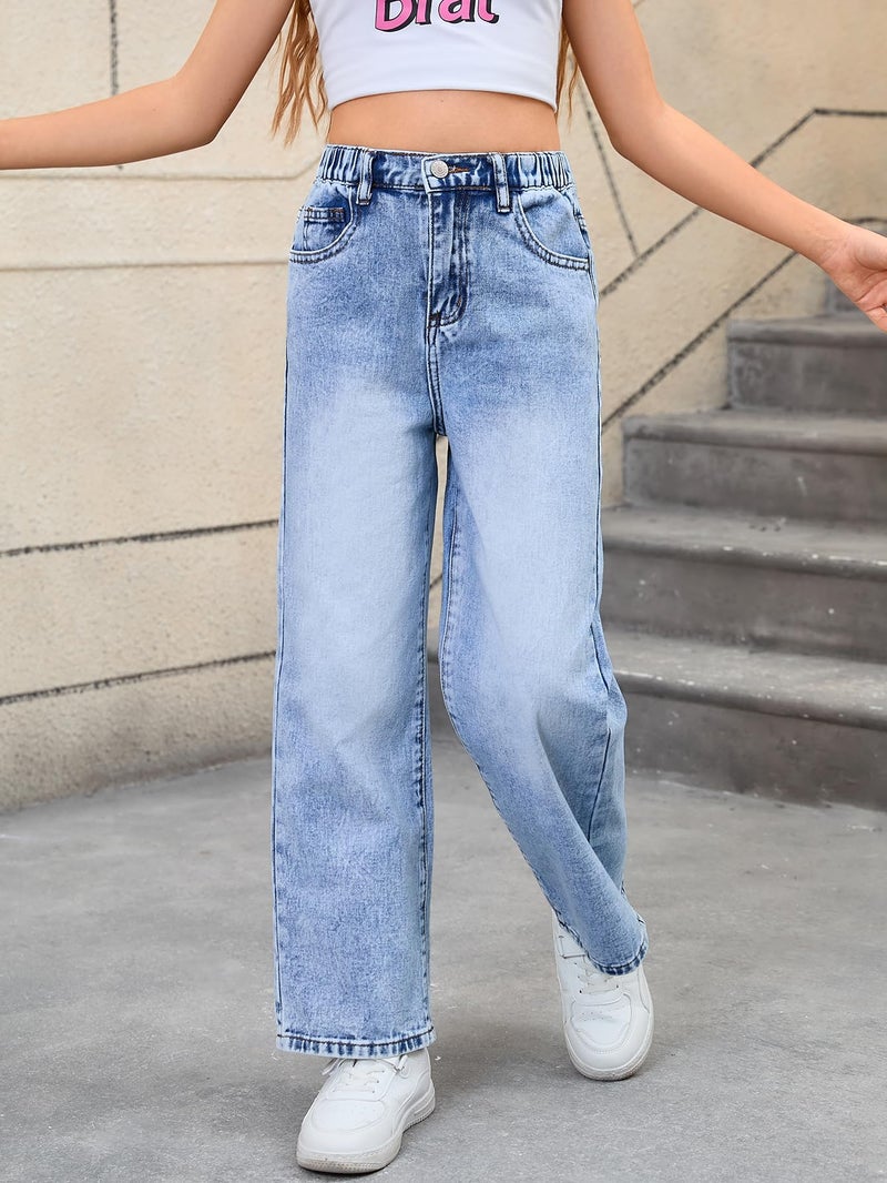 WDIRARA Girl's Bow Print Back Zipper Fly Elastic High Waist Denim Pants Basic Wide Leg Jeans Blue 8Y - Image 2