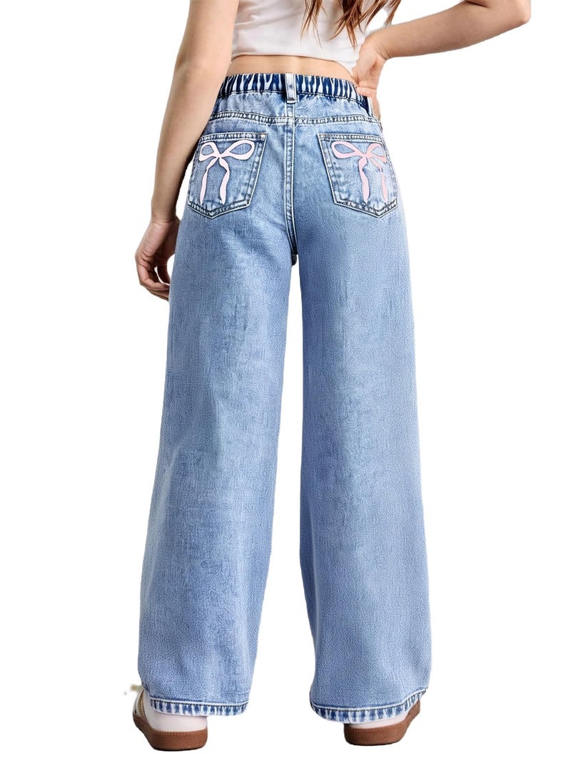 WDIRARA Girl's Bow Print Back Zipper Fly Elastic High Waist Denim Pants Basic Wide Leg Jeans Blue 8Y - Image 1
