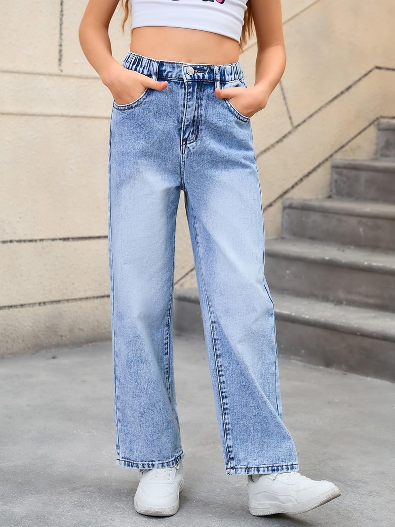 WDIRARA Girl's Bow Print Back Zipper Fly Elastic High Waist Denim Pants Basic Wide Leg Jeans Blue 8Y - Image 4