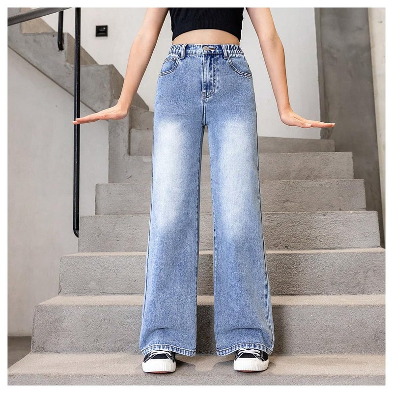 WDIRARA Girl's Bow Print Back Zipper Fly Elastic High Waist Denim Pants Basic Wide Leg Jeans Blue 8Y - Image 5