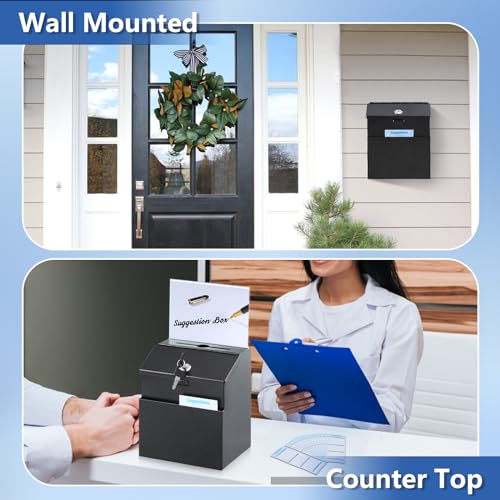 KYODOLED Suggestion and Ballot Box with Lock and Slot, Metal Wall Mounted Donation Key Drop Box with Clear Acrylic Sign Holder and 50 Free Suggestion Cards & 2 Keys, 8.5H x 5.9W x 7.3L Inch, Black - Image 3