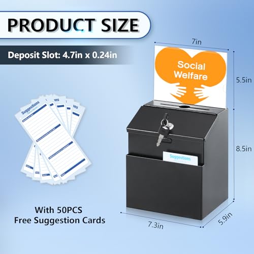 KYODOLED Suggestion and Ballot Box with Lock and Slot, Metal Wall Mounted Donation Key Drop Box with Clear Acrylic Sign Holder and 50 Free Suggestion Cards & 2 Keys, 8.5H x 5.9W x 7.3L Inch, Black - Image 2
