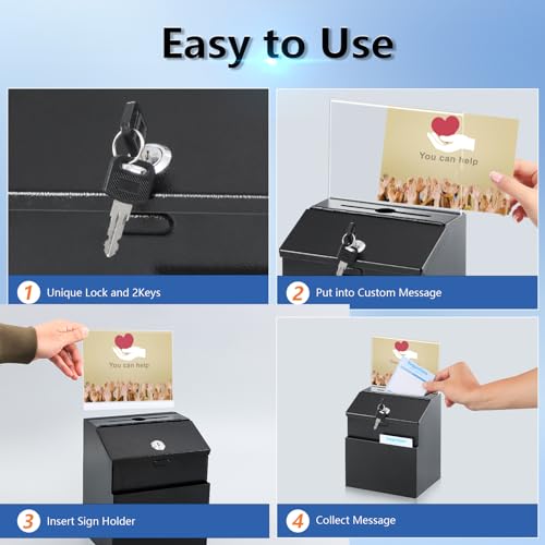 KYODOLED Suggestion and Ballot Box with Lock and Slot, Metal Wall Mounted Donation Key Drop Box with Clear Acrylic Sign Holder and 50 Free Suggestion Cards & 2 Keys, 8.5H x 5.9W x 7.3L Inch, Black - Image 4