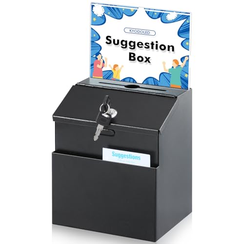 KYODOLED Suggestion and Ballot Box with Lock and Slot, Metal Wall Mounted Donation Key Drop Box with Clear Acrylic Sign Holder and 50 Free Suggestion Cards & 2 Keys, 8.5H x 5.9W x 7.3L Inch, Black - Image 1