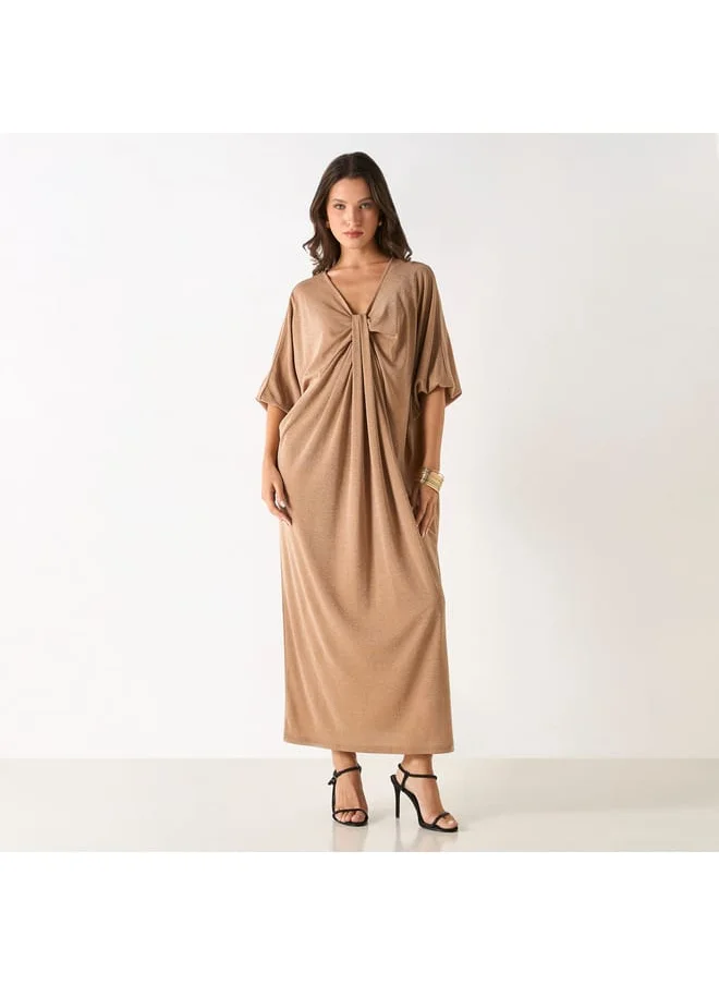 Iconic Iconic Textured Kaftan Dress with V-neck and Drape Detail