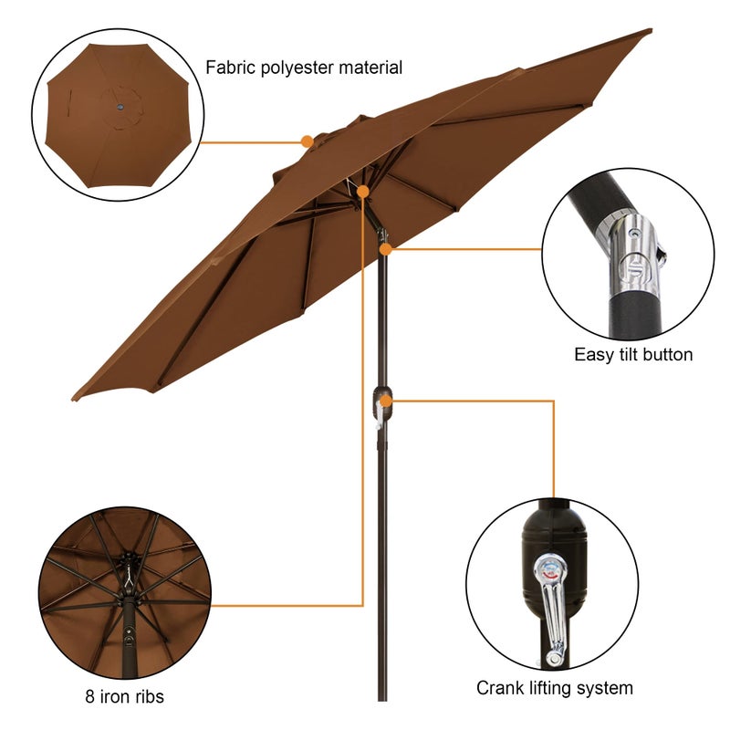 Blissun 9' Outdoor Patio Umbrella, Outdoor Table Umbrella, Yard Umbrella, Market Umbrella with 8 Sturdy Ribs, Push Button Tilt and Crank, Brown - Image 2